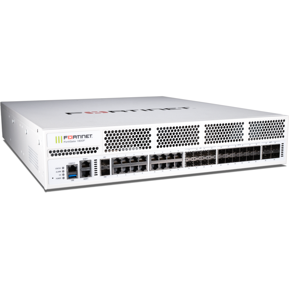 FortiGate-1800F-DC 4 x 40GE QSFP+ slots, 12 x 25GE SFP28 /10GE SFP+ slots, 2x10GE SFP+ HA slots, 8 x GE SFP slots, 18 x GE RJ45 ports, 2x 800W DC PSU. SPU are NP7 and CP9 providing acceleration for networking and security functions. [FG-1800F-DC]