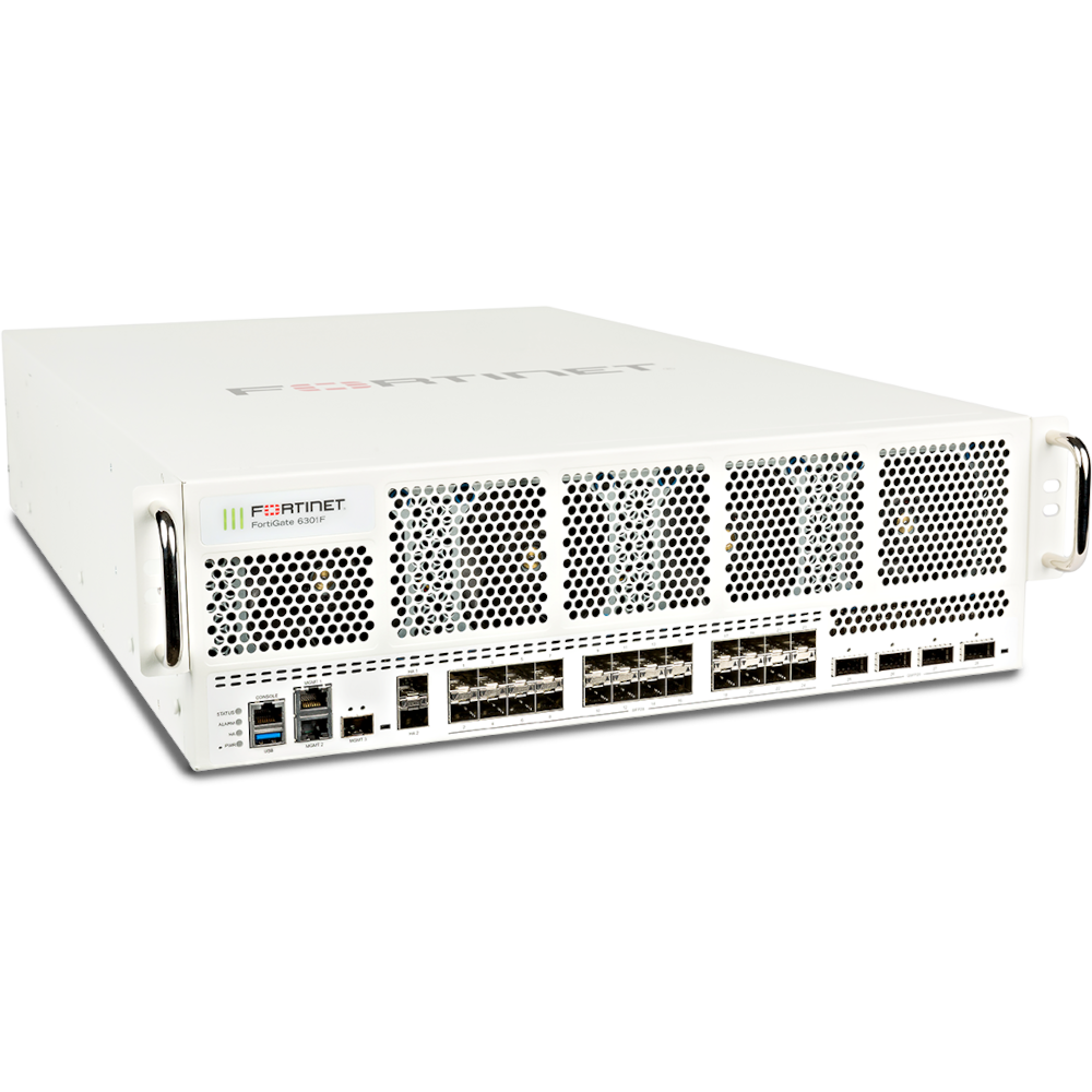 FortiGate-6301F-LENC 4 x 100/40GE QSFP28 slots, 24 x 25/10GE SFP+ slots, 2 x 1GE RJ45 management ports, 2x 10GE SFP+ HA ports, 1x 10GE SFP+ MGMT port, 2 x 1TB NVMe, and 3 x AC power supplies [FG-6301F-LENC]