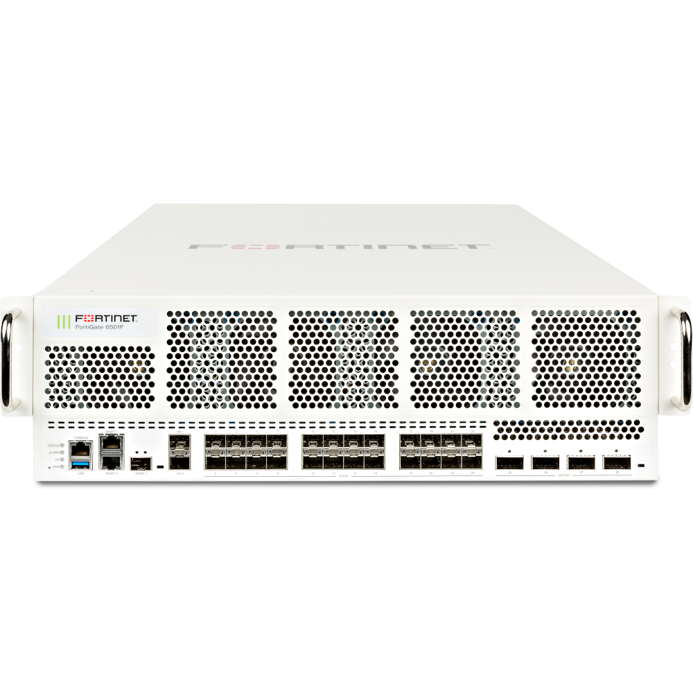 FortiGate-6501F 4x 40/100GE QSFP28 slots, 24x 1/10/25GE SFP28 slots, 2x 1GE RJ45 management ports, 2x 1/10GE SFP+ HA slots, 1x 1/10GE SFP+ MGMT slot, 2x 960 GB NVMe, and 3x AC power supplies [FG-6501F]
