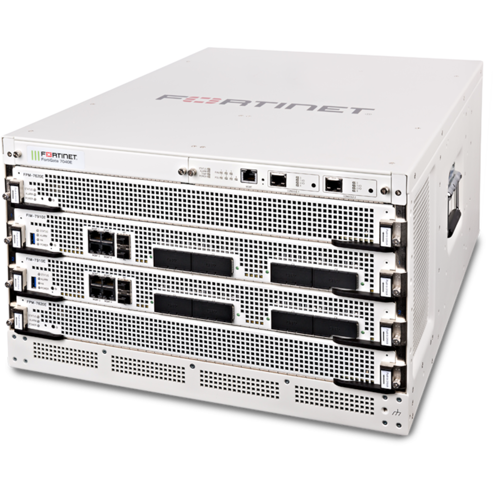 FortiGate-7040E-8 6U 4-slot chassis with 2x FPM-7620E Processor Modules, 2x FIM-79xxE-C specified at purchase, 1x Manager Module and 3x hot swappable redundant PSU [FG-7040E-8]