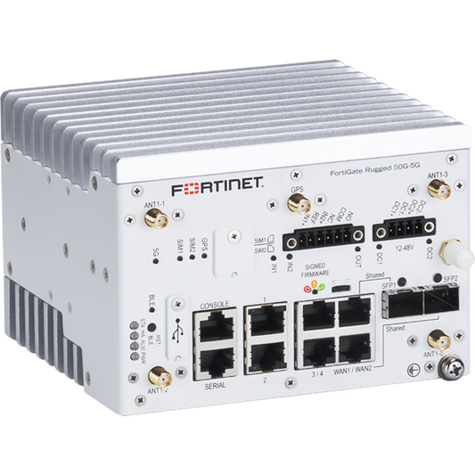 FortiGateRugged-50G-5G Ruggedized, indoor, IP40, 4x GE RJ45 LAN ports, 2x GE RJ45 WAN ports, 2x SFP slots, 2x RJ45 serial ports (data/console), 1x USB port, 1x 5G WWAN module (2x SIM slots - active/passive, 4x SMA WWAN antennas), GPS (1x SMA  [FGR-50G-5G]