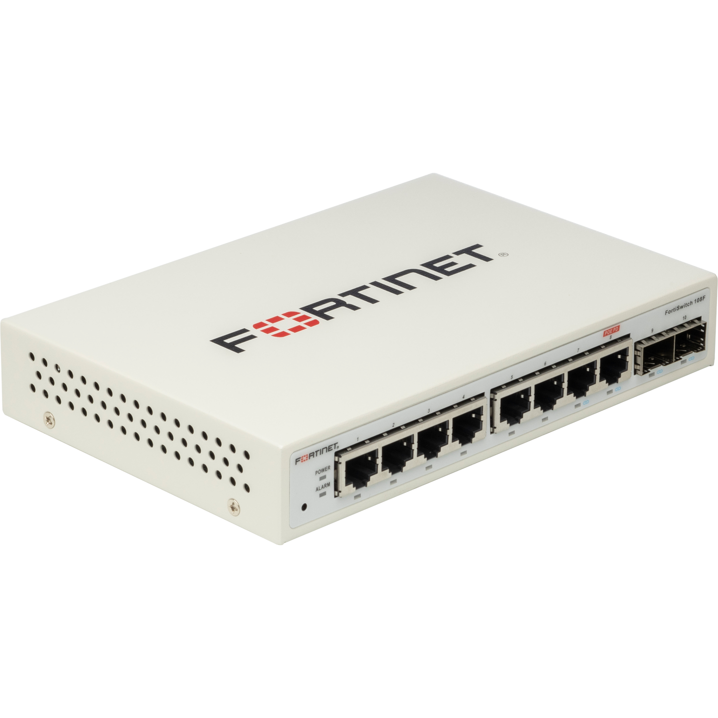 FortiSwitch-108F L2 Switch - 8 x GE RJ45 ports, 2 x GE SFP, Fanless, 12V/3A power adapter of input voltage 100 - 240VAC. Switch can also be powered over ethernet on Port 8 (PD port),  FortiGate Switch controller compatible. [FS-108F]
