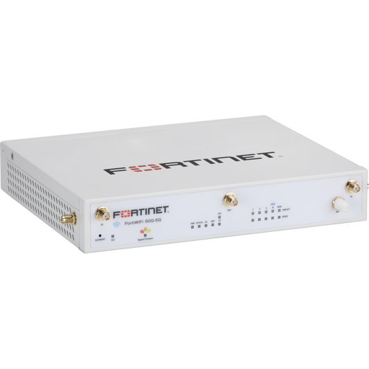 FortiWiFi-50G-5G-II 5 x GE RJ45 ports (including 1 x WAN Port, 4 x Internal Ports), Wireless (802.11a/b/g/n/ac/ax), with Embedded 3G/4G/LTE/5G HP wireless wan module, 8 external SMA WWAN antennas Region Code I [FWF-50G-5G-II-I]