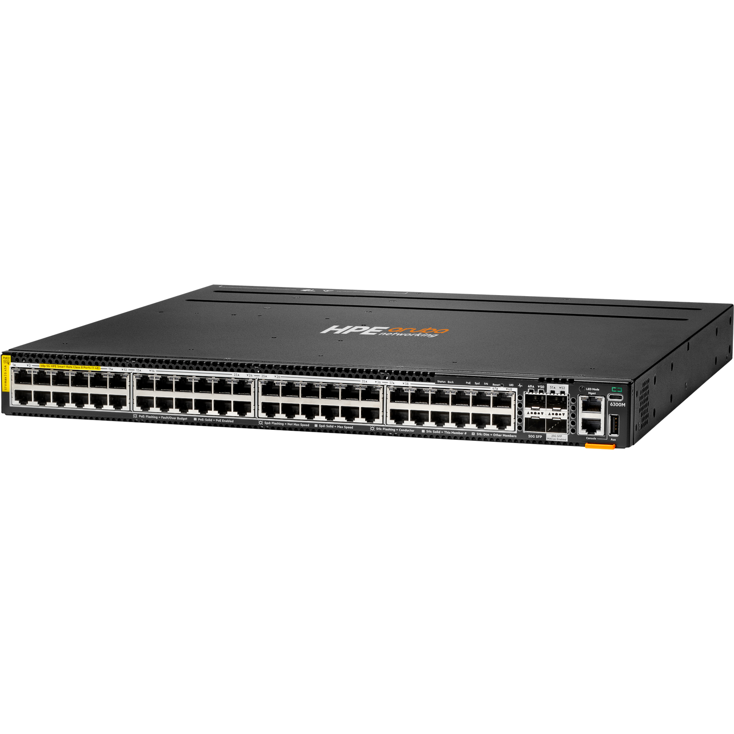 HPE Aruba Networking CX 6300M 48p HPE Smart Rate 1G/2.5G/5G Class8 PoE 2p 50G 2p 25G Switch